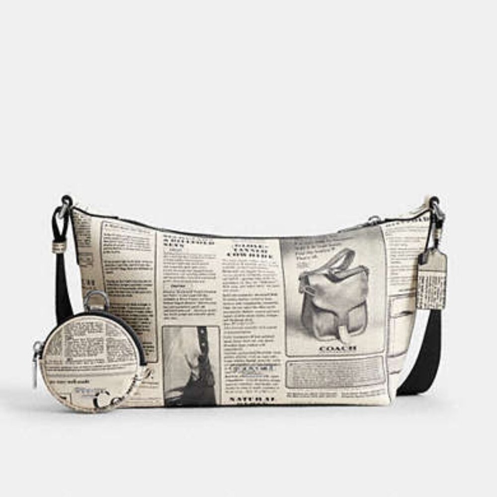 Coach Newspaper Print Shoulder Bag in Cream and Black
